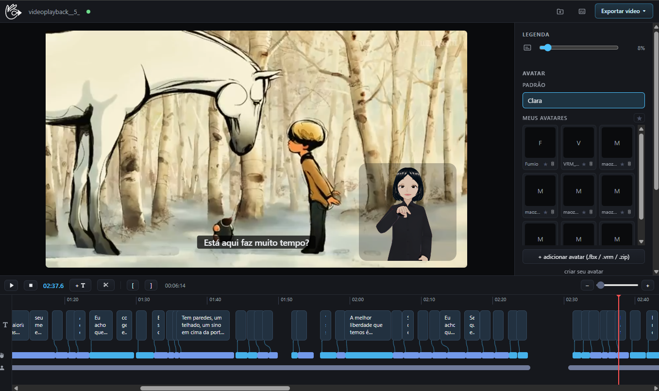 O editor do Edite Libras: vídeo com avatar sinalizando em Libras, legendas em linha do tempo e painel de ajustes.
