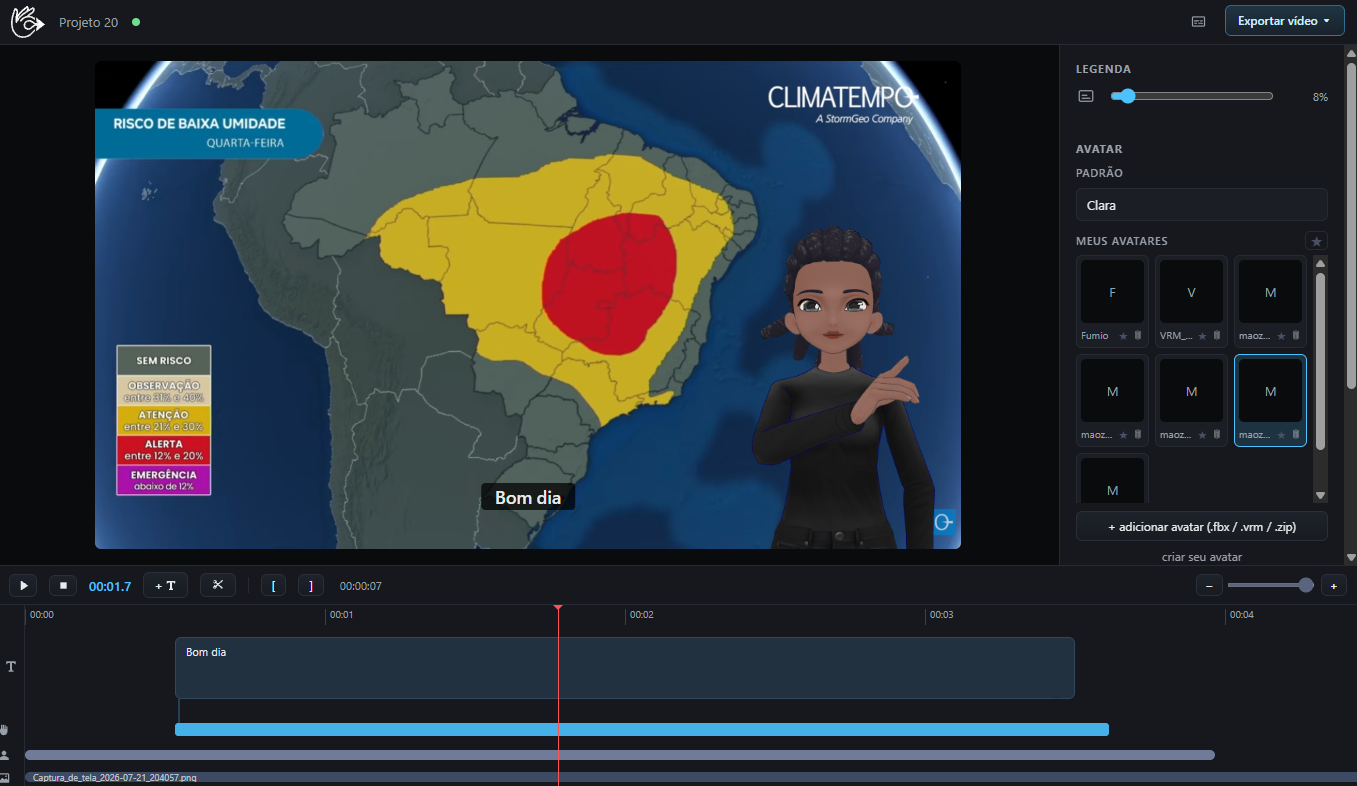 O editor do Edite Libras: avatar 3D sinalizando em Libras sobre um vídeo, com legenda e linha do tempo.