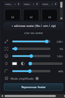 Painel de ajustes do avatar por ícones.