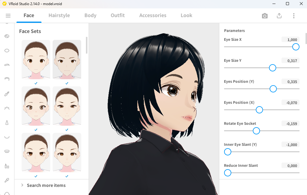 VRoid Studio — tela de edição de rosto do avatar, com controles de olhos, cabelo e proporções.